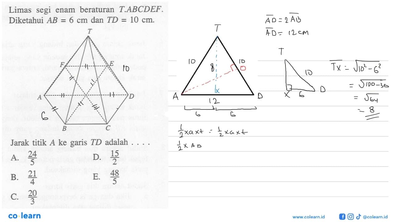 Limas segi enam beraturan T.ABCDEF. Diketahui AB=6 cm dan