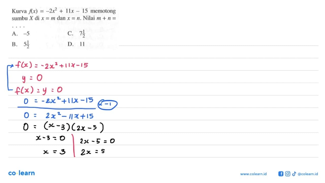 Kurva f(x) = -2x^2 + 11x - 15 memotong sumbu X di x = m dan