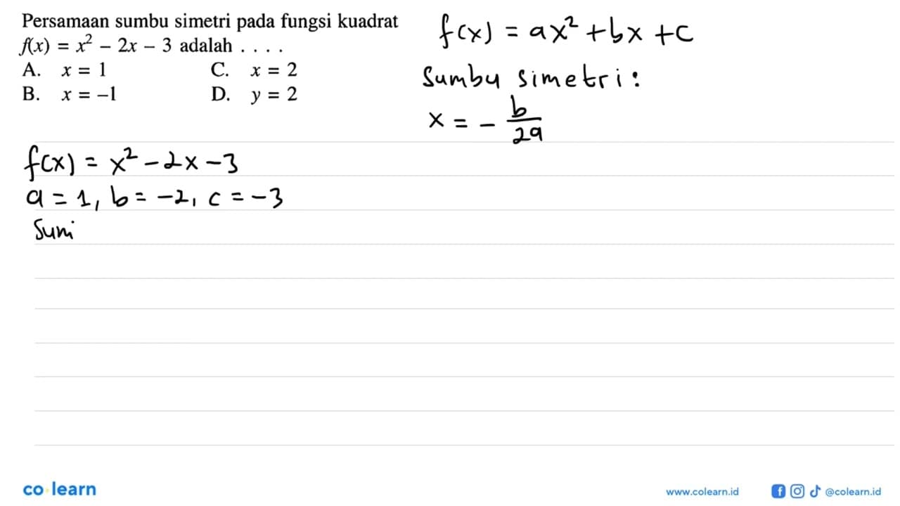 Persamaan sumbu simetri pada fungsi kuadrat f(x)=x^2-2x-3