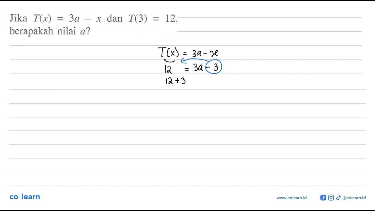 Jika T(x) = 3a - x dan T(3) = 12 berapakah nilai a?