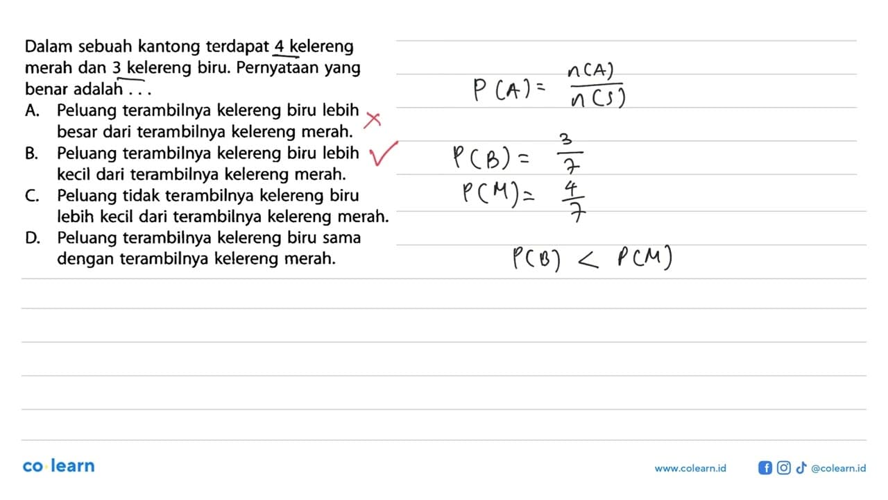 Dalam sebuah kantong terdapat 4 kelereng merah dan 3