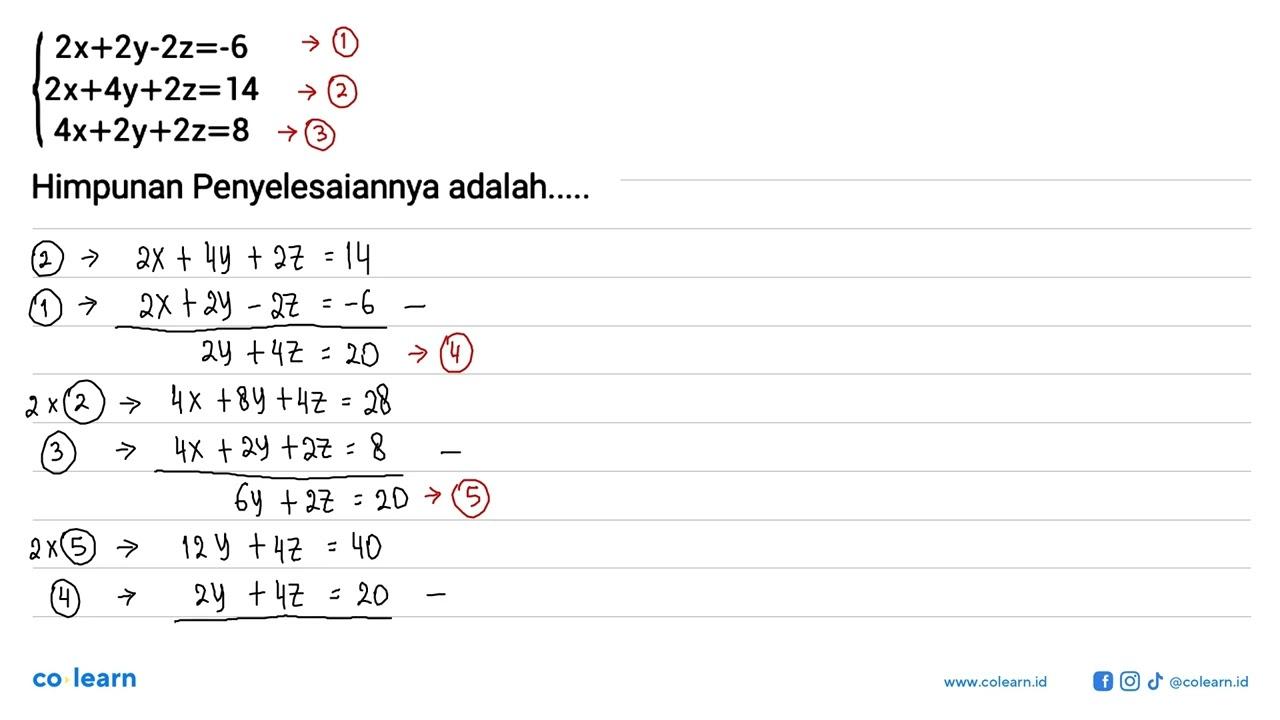 2x+2y-2z=-6 2x+4y+2z=14 4x+2y+2z=8 Himpunan Penyelesaiannya