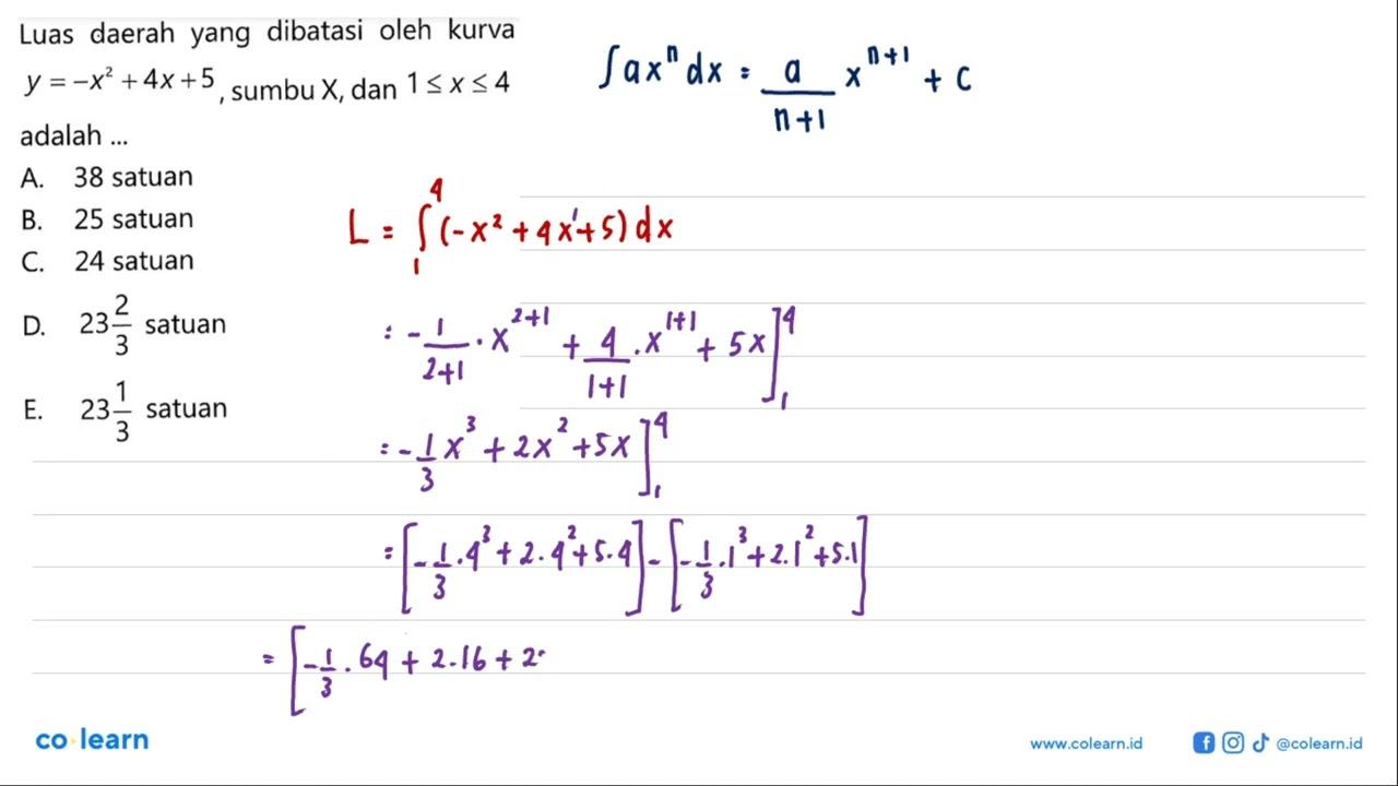 Luas daerah yang dibatasi oleh kurva y=-x^2+4x+5 , sumbu X