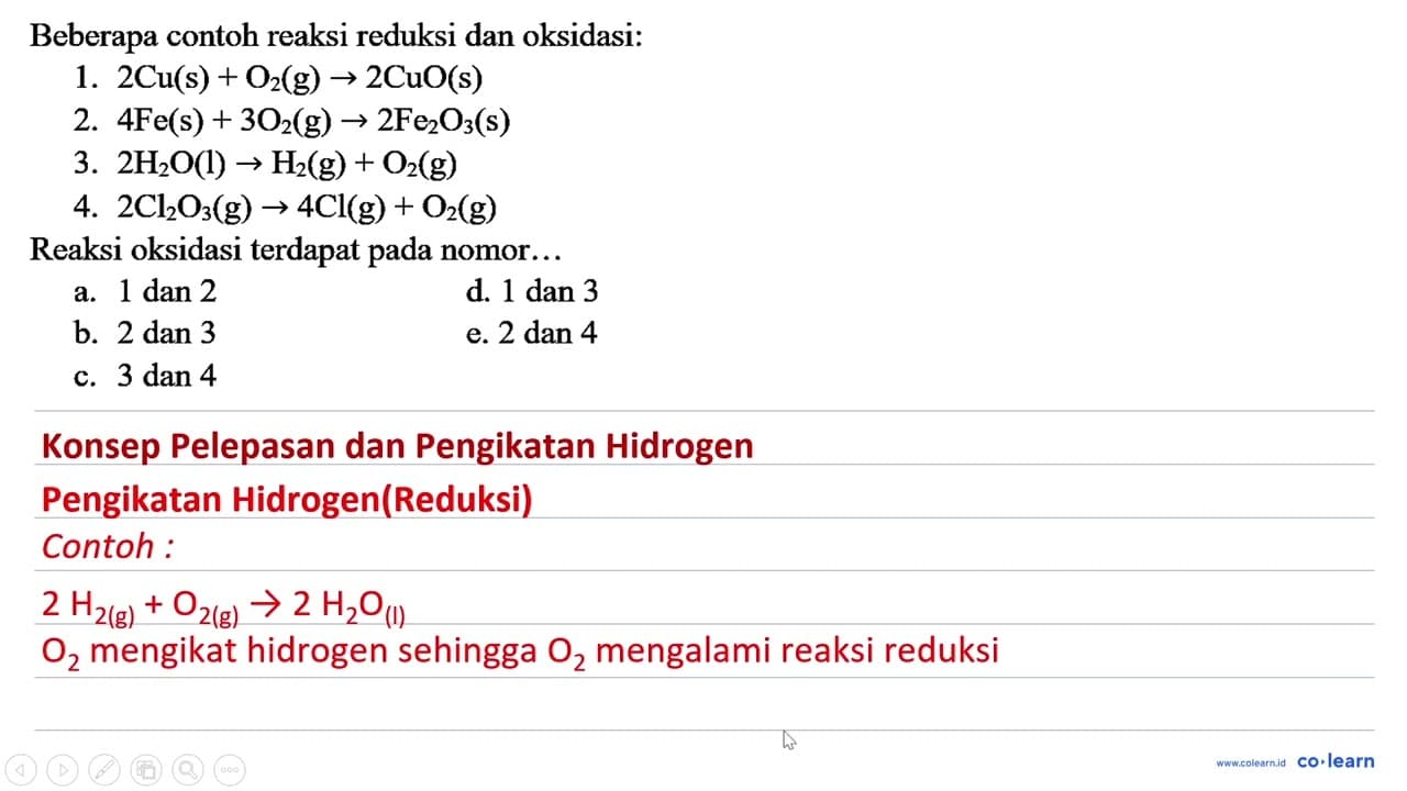 Beberapa contoh reaksi reduksi dan oksidasi: 1. 2Cu (s) +