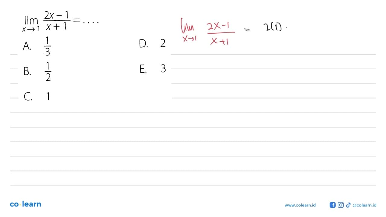 limit x->1 (2x-1)/(x+1)= ...