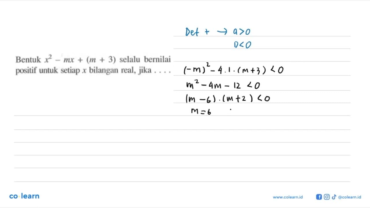 Bentuk x^2-mx+(m+3) selalu bernilai positif untuk setiap x