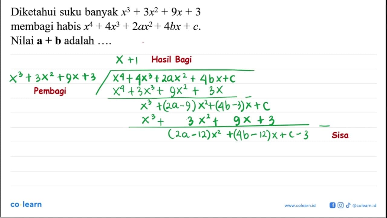 Diketahui suku banyak x^3 + 3x^2 + 9x + 3 membagi habis x^4