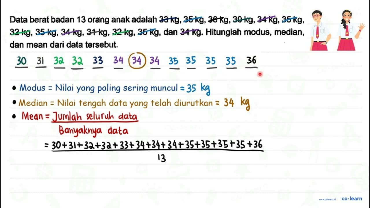 Data berat badan 13 orang anak adalah 33 kg, 35 kg, 36 kg,