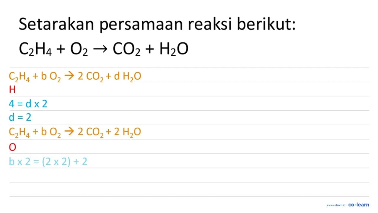 Setarakan persamaan reaksi berikut: C_(2) H_(4)+O_(2) ->