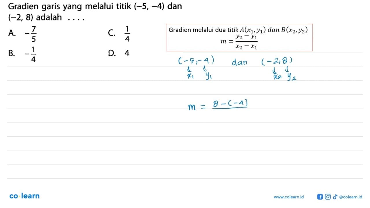 Gradien garis yang melalui titik (-5, -4) dan (-2, 8)