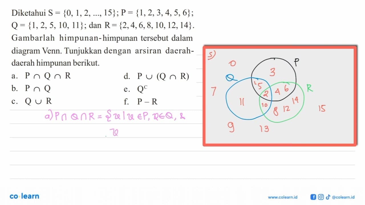 Diketahui S = {0, 1, 2, 15}; P = {1, 2, 3, 4, 5, 6}; Q =