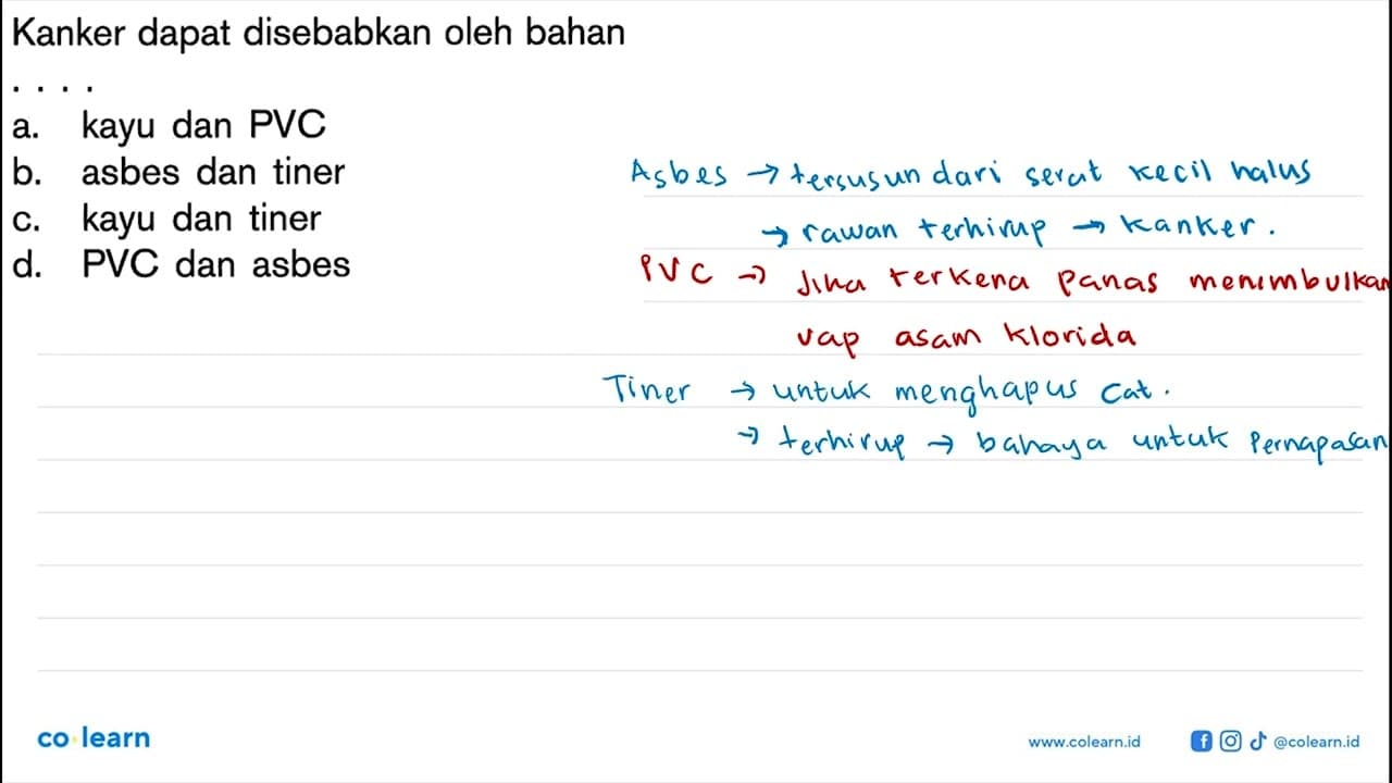 Kanker dapat disebabkan oleh bahan...a. kayu dan PVC b.