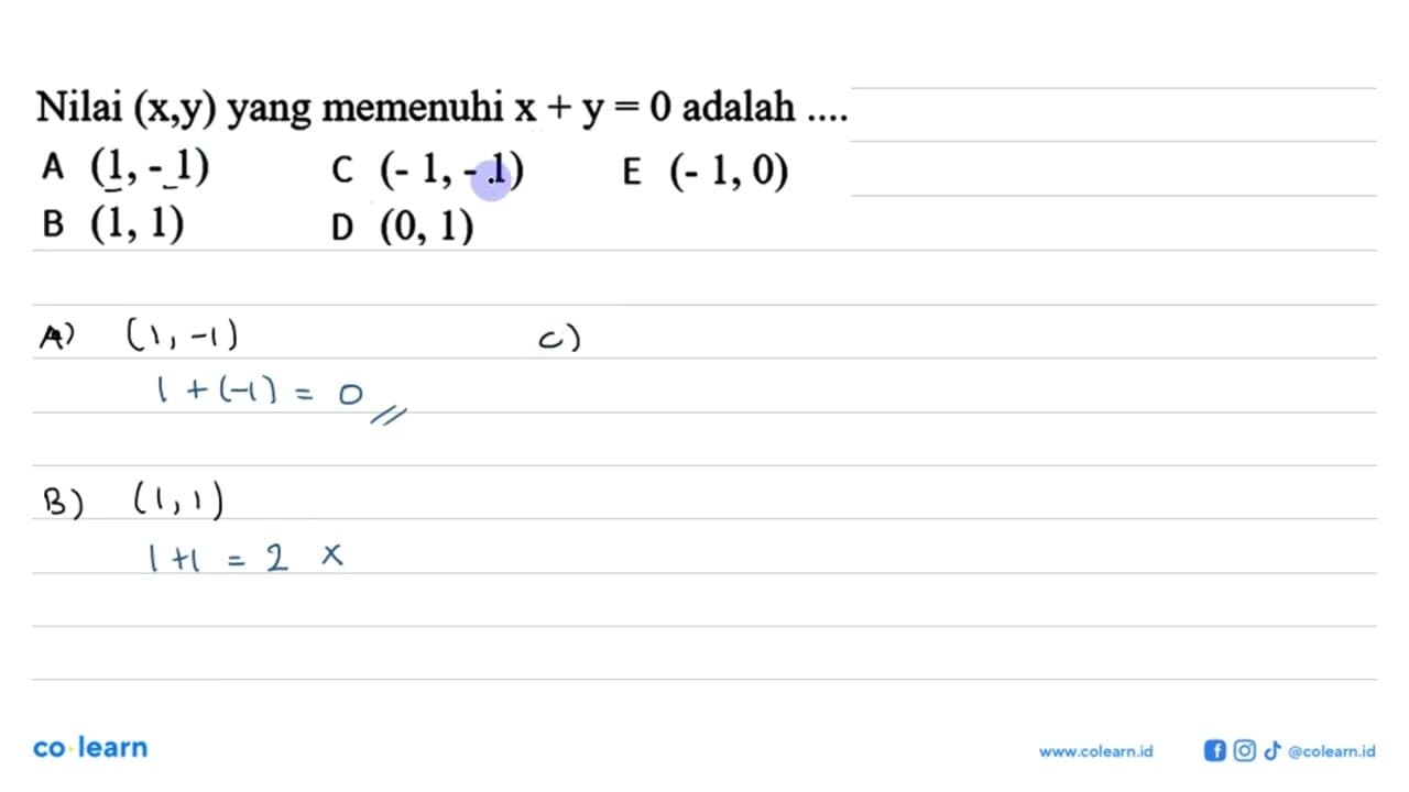 Nilai (x,y) yang memenuhi x+y=0 adalah ....