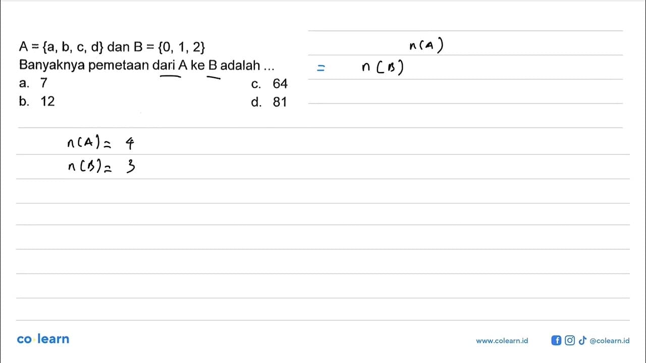 A = {a, b, c, d} dan B = {0, 1, 2} Banyaknya pemetaan dari