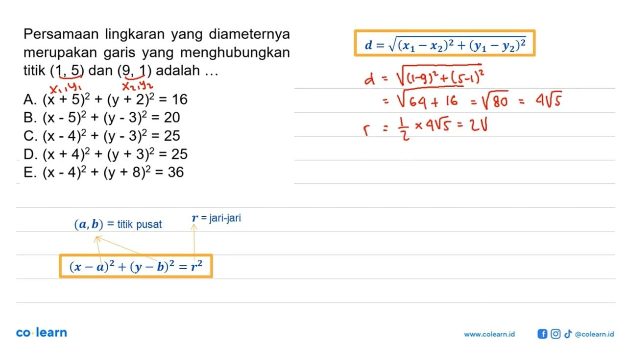 Persamaan lingkaran yang diameternya merupakan garis yang