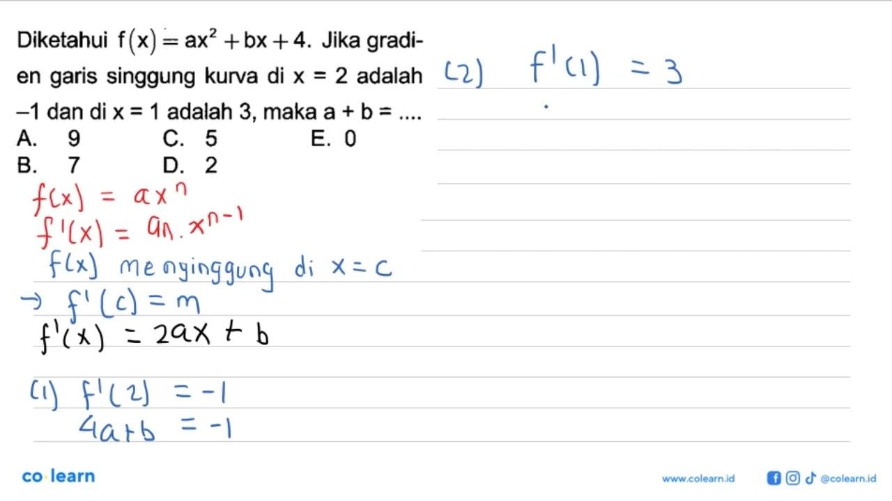 Diketahui f(x)=ax^2+bx+4. Jika gradien garis singgung kurva