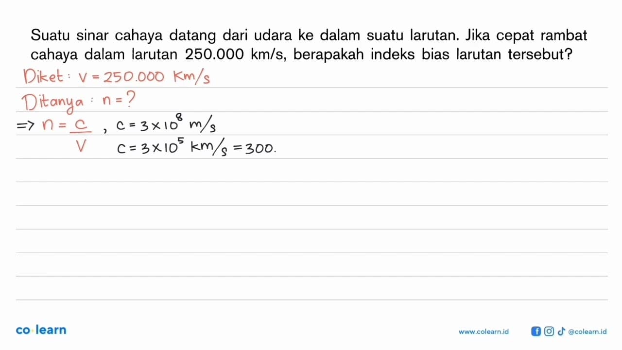 Suatu sinar cahaya datang dari udara ke dalam suatu