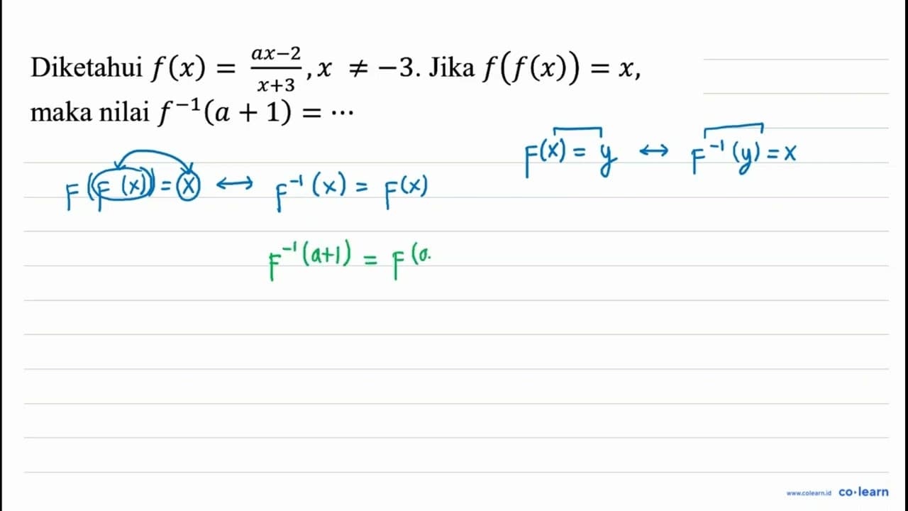 Diketahui f(x)=(a x-2)/(x+3), x =/=-3 . Jika f(f(x))=x ,