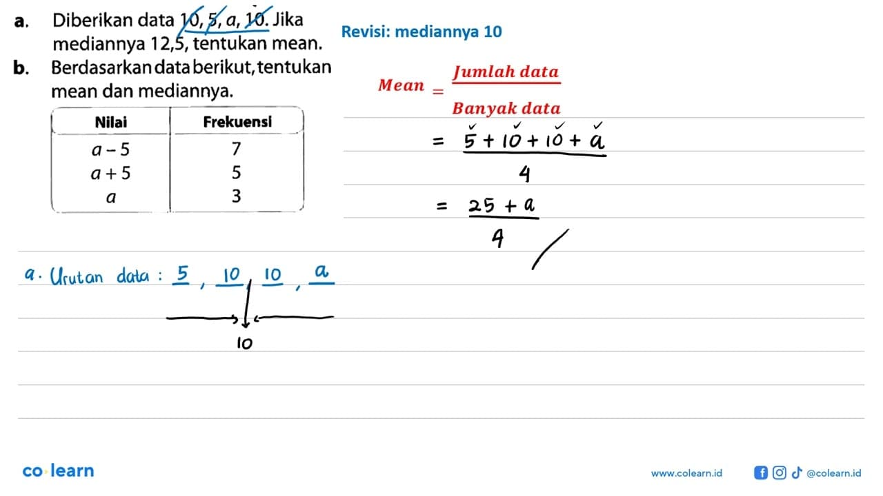 a. Diberikan data 10,5, a, 10 . Jika mediannya 12,5 ,