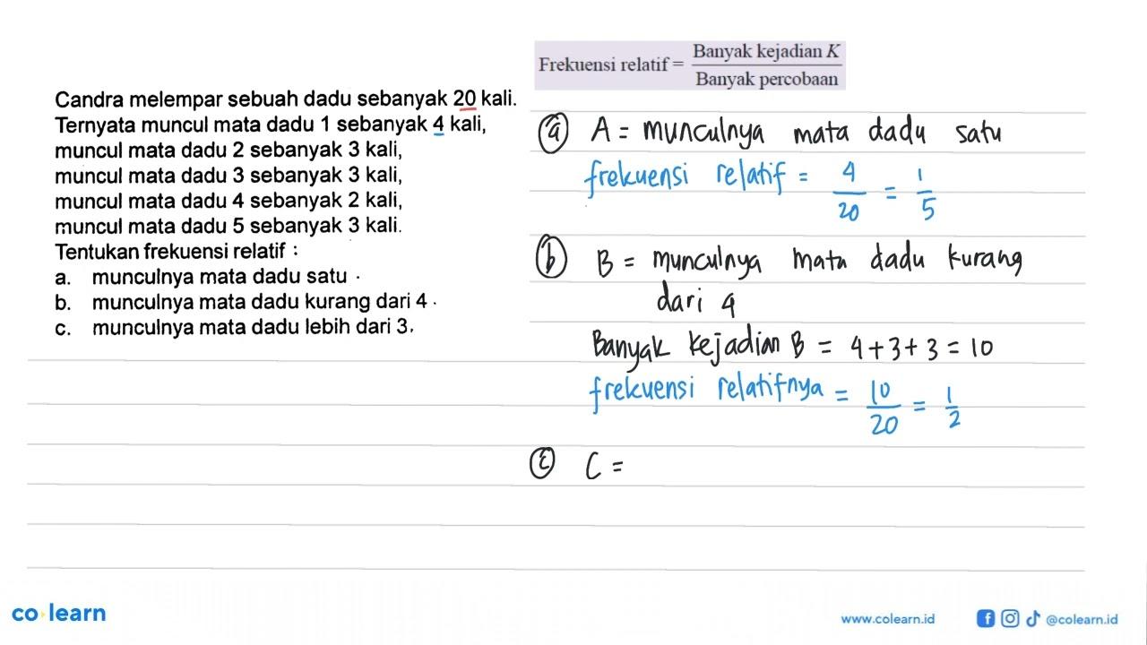 Candra melempar sebuah dadu sebanyak 20 kali. Ternyata