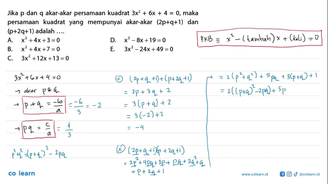 Jika p dan q akar-akar persamaan kuadrat 3x^2 + 6x + 4 = 0,