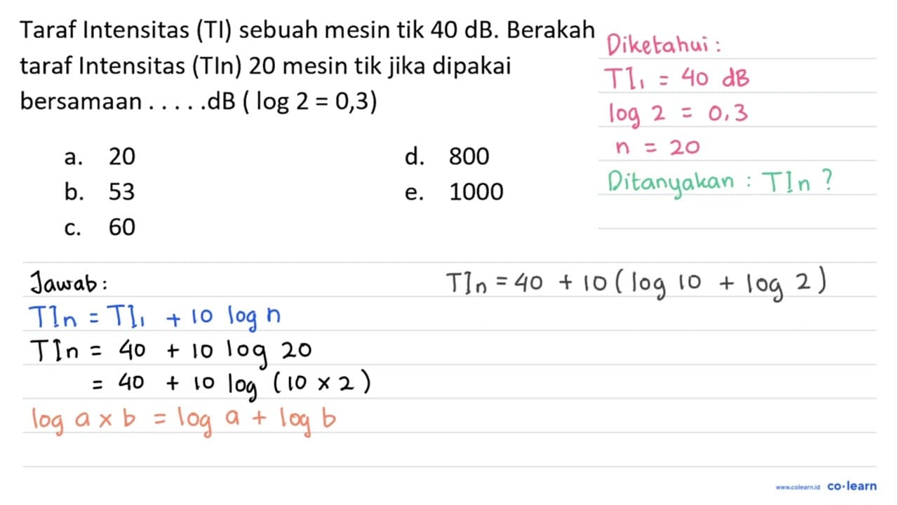 Taraf Intensitas (TI) sebuah mesin tik 40 ~dB . Berakah