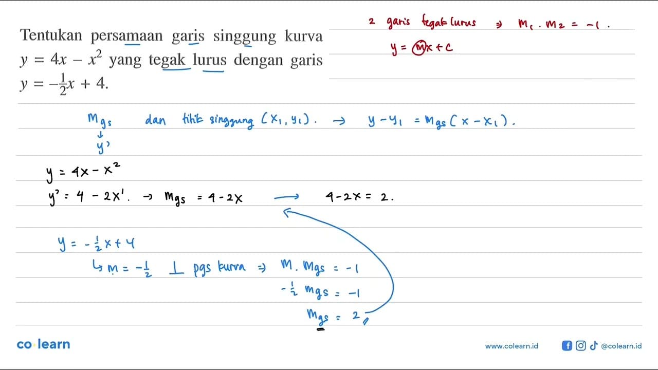 Tentukan persamaan garis singgung kurva y=4x-x^2 yang tegak