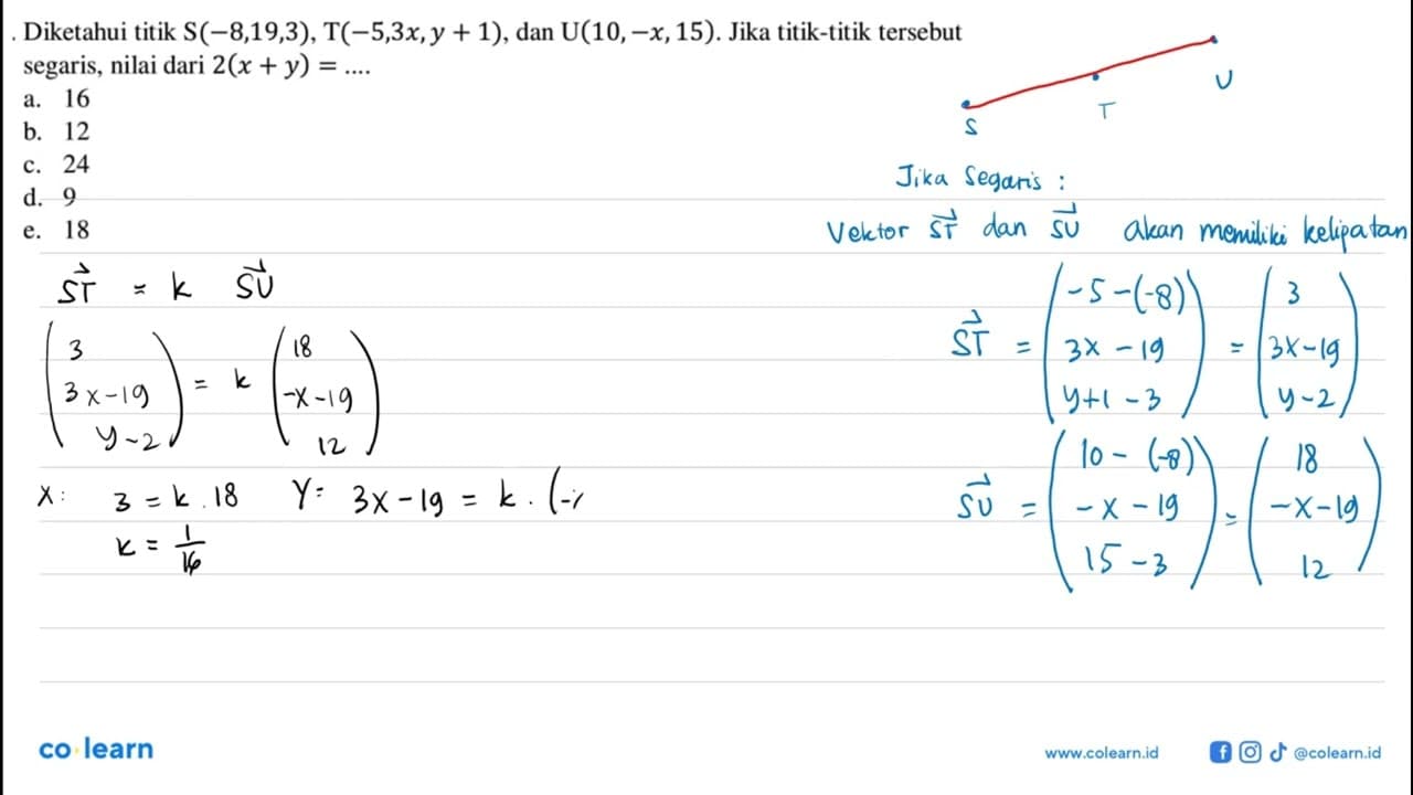 Diketahui titik S(-8,19,3), T(-5,3x,y+1), dan U(10,-x,15).