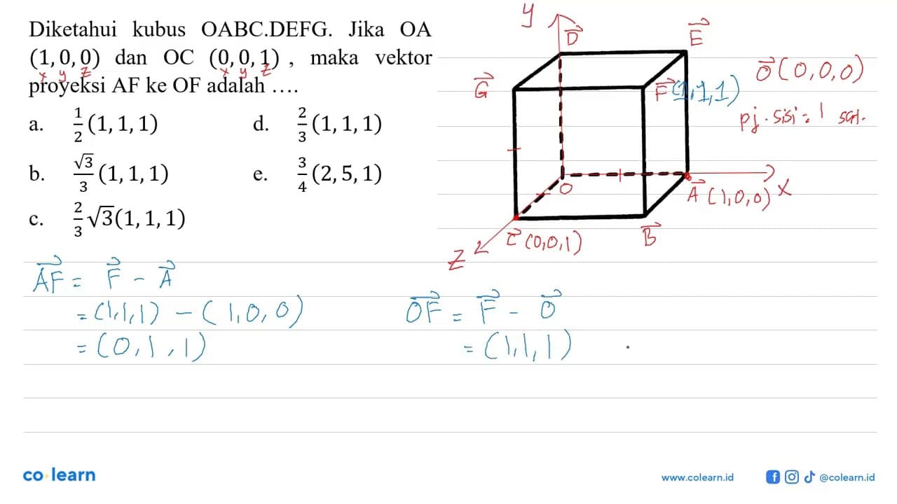 Diketahui kubus OABC.DEFG. Jika OA (1, 0, 0) dan OC (0, 0,