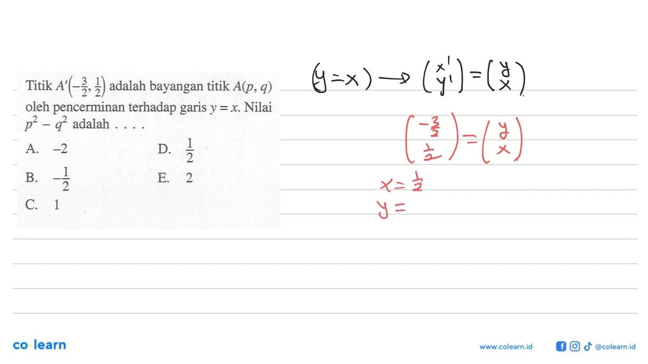 Titik A'(-3/2, 1/2) adalah bayangan titik Titik A(p, q)