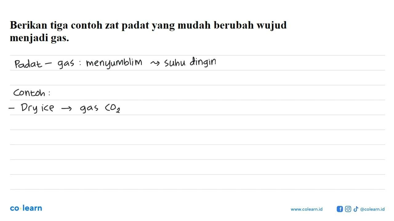 Berikan tiga contoh zat padat yang mudah berubah wujud