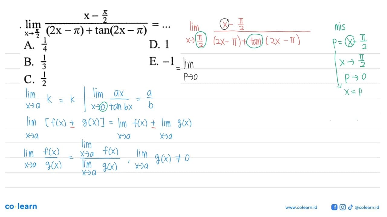 lim x->pi/2 (x-pi/2)/((2x-pi)+tan(2x-pi))=..