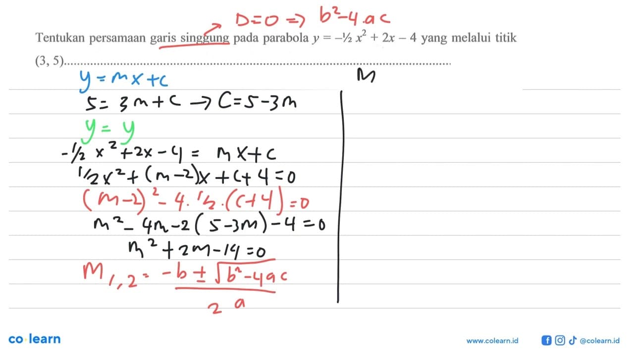 Tentukan persamaan garis singgung pada parabola y=-1/2