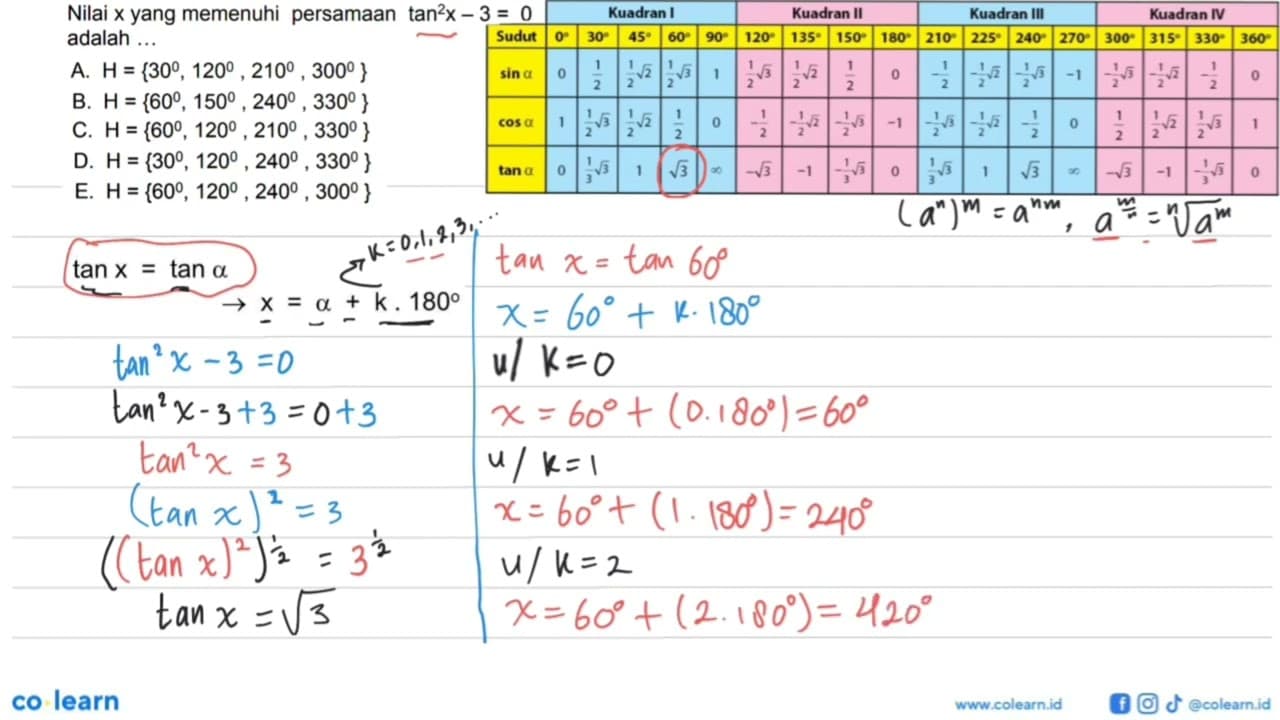 Nilai x yang memenuhi persamaan tan^2x-3 = 0 adalah