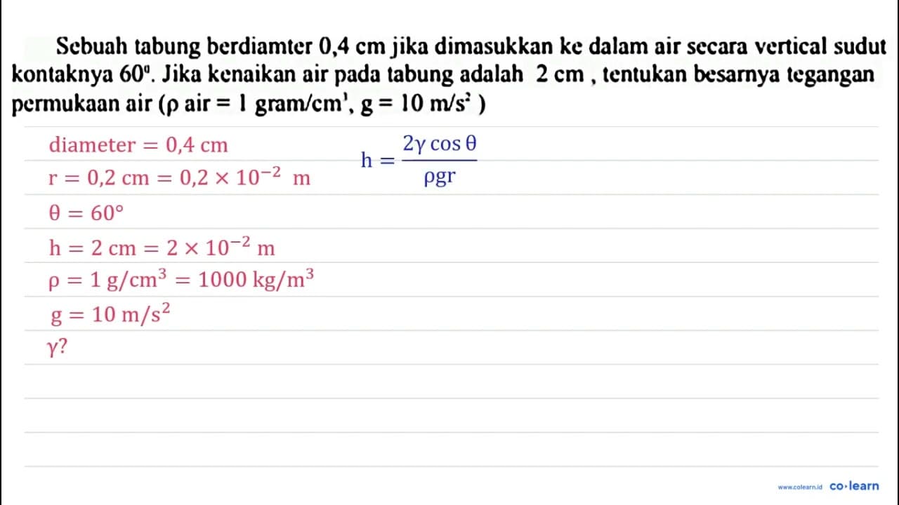 Sebuah tabung berdiamter 0,4 cm jika dimasukkan ke dalam
