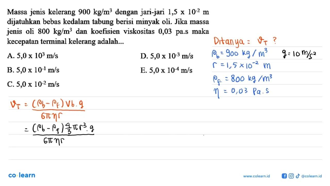 Massa jenis kelerang 900 kg/m^3 dengan jari-jari 1,5 x