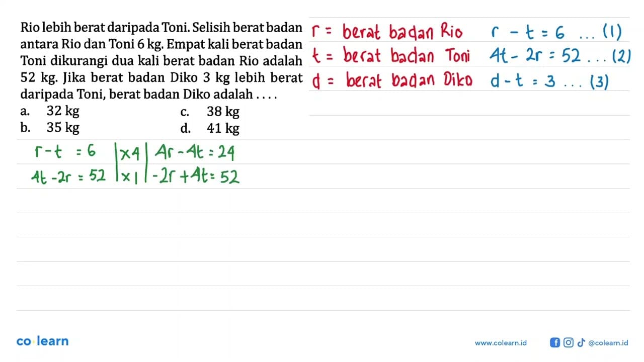 Rio lebih berat daripada Toni. Selisih berat badan antara