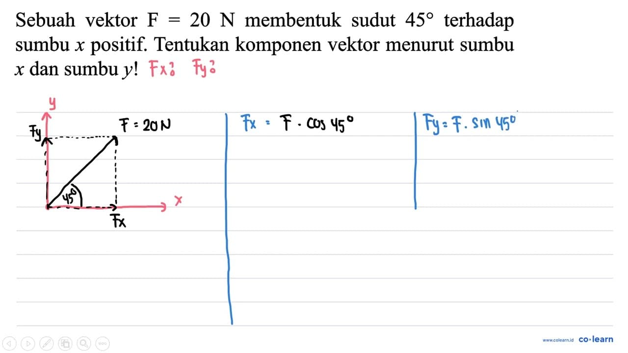 Sebuah vektor F=20 N membentuk sudut 45 terhadap sumbu x