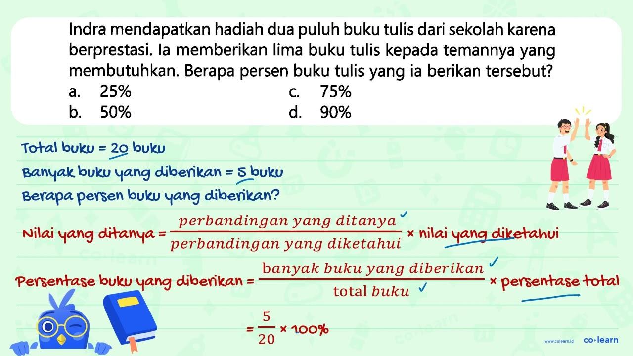 Indra mendapatkan hadiah dua puluh buku tulis dari sekolah