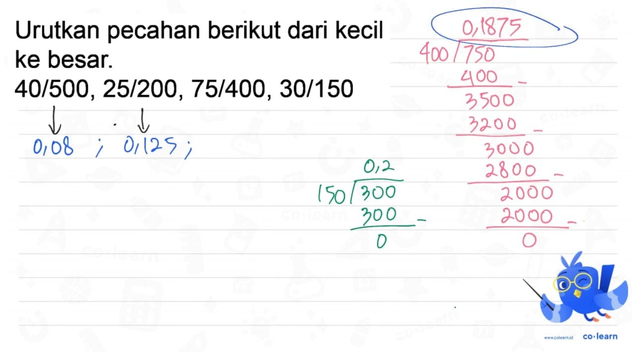 Urutkan pecahan berikut dari kecil ke besar. 40 / 500,25 /