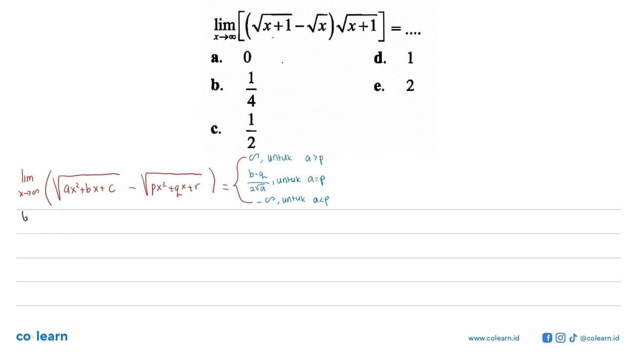 limit x mendekati tak hingga[(akar(x+1)-akar(x))