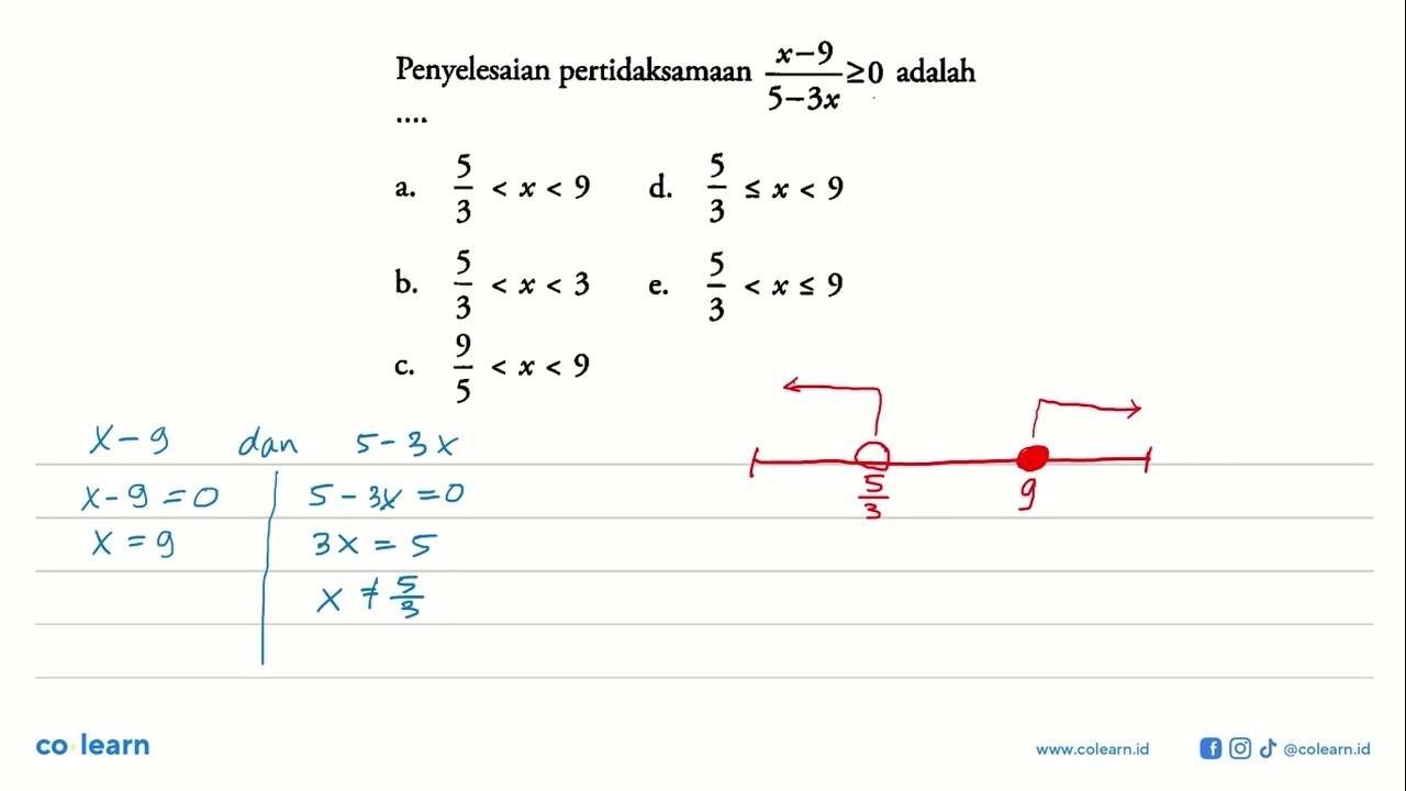 Penyelesaian pertidaksamaan (x-9)/(5-3x)>=0 adalah....