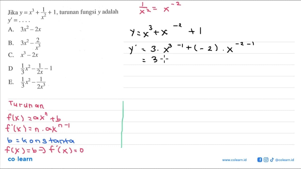 Jika y=(x^3+1)/(x^2+1), turunan fungsi y adalah y'=...