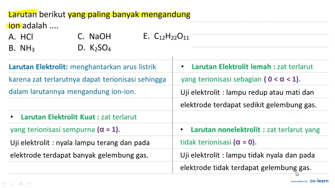 Larutan berikut yang paling banyak mengandung ion adalah