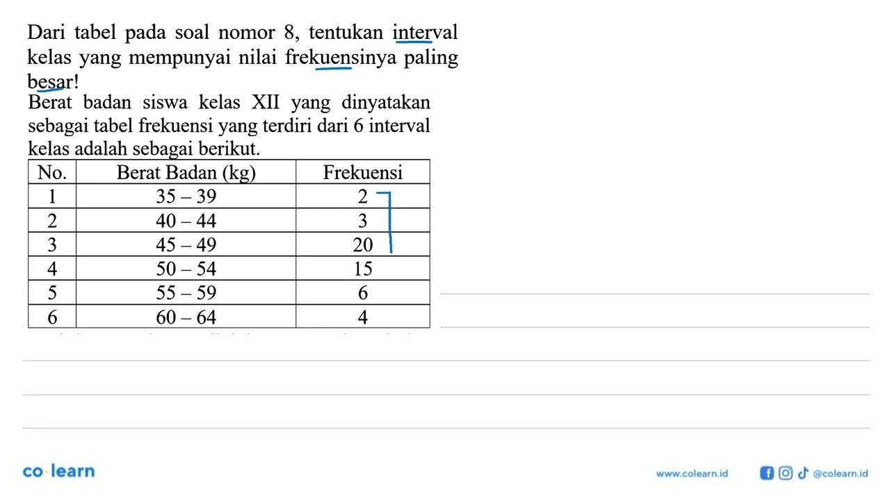 Dari tabel pada soal nomor 8, tentukan interval kelas yang