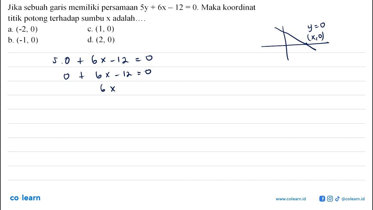 Jika sebuah garis memiliki persamaan 5y+6x-12=0. Maka