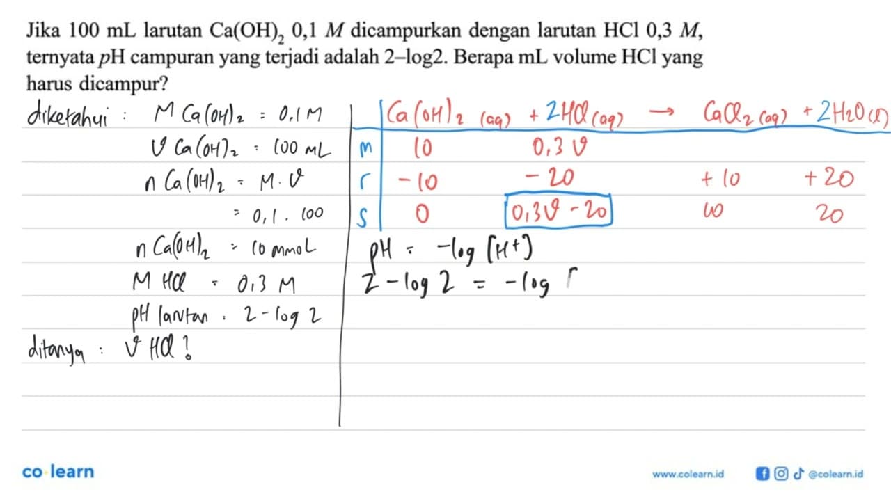 Jika 100 mL larutan Ca(OH) 0,1 M dicampurkan dengan larutan