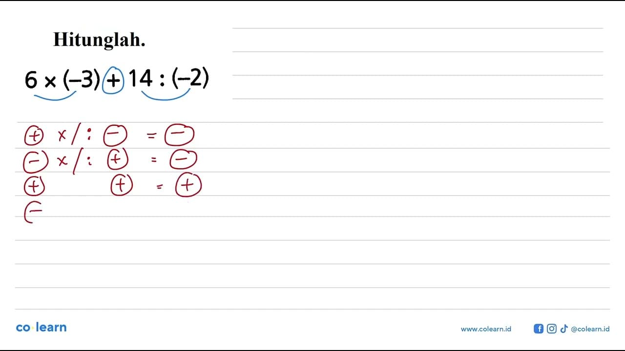 Hitunglah: 6x(-3) + 14 : (-2)