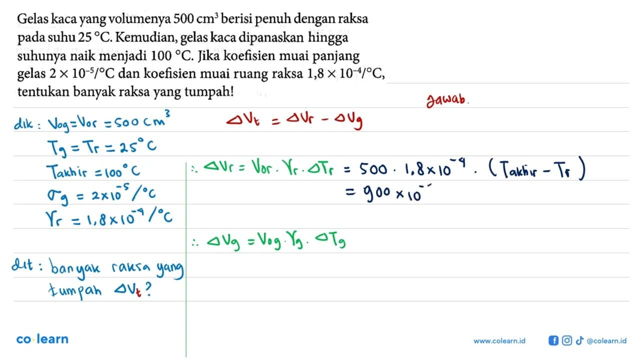 Gelas kaca yang volumenya 500 cm^3 berisi penuh dengan